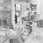 The viewer seems to be on the couch, looking into the house and seeing a living room, dining room, and a kitchen farther in the back.