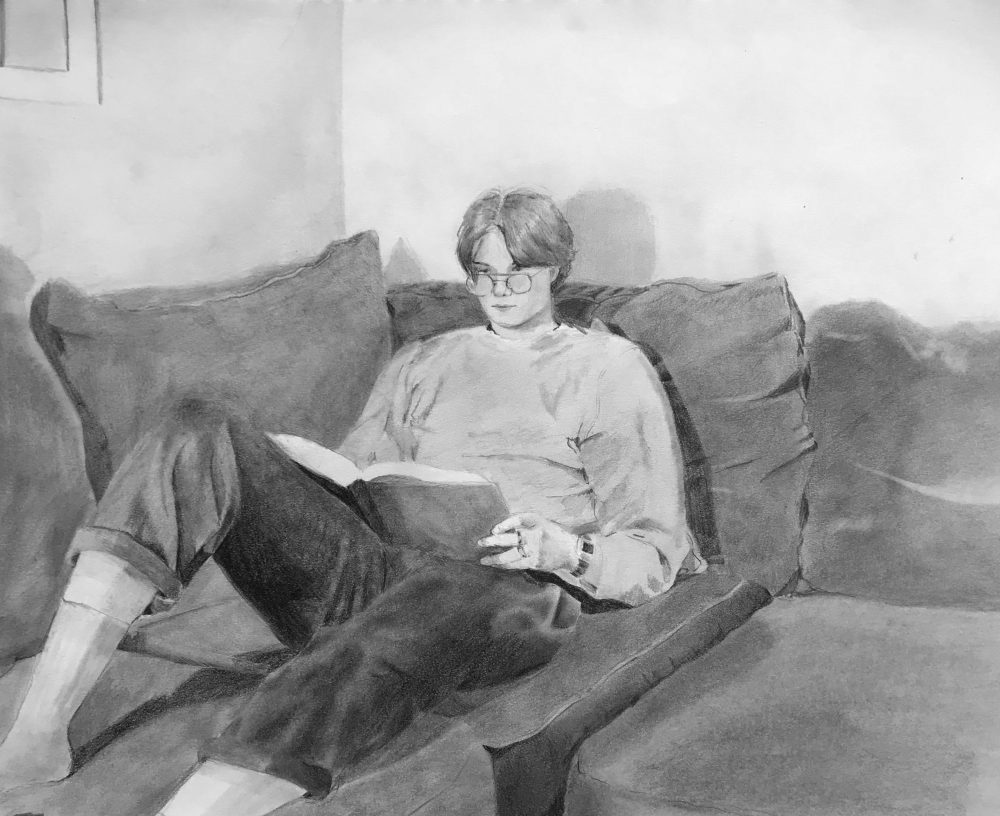 In this still life drawing, a man sits on a couch reading a book.