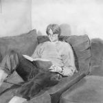 In this still life drawing, a man sits on a couch reading a book.