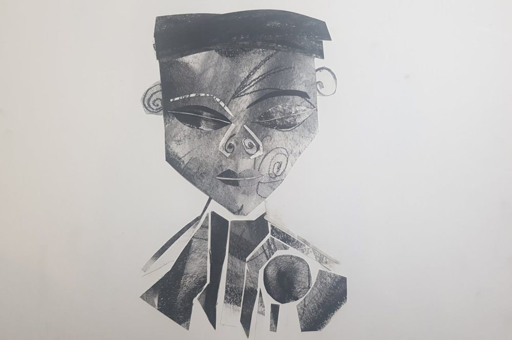 A charcoal portrait collage of a boy.