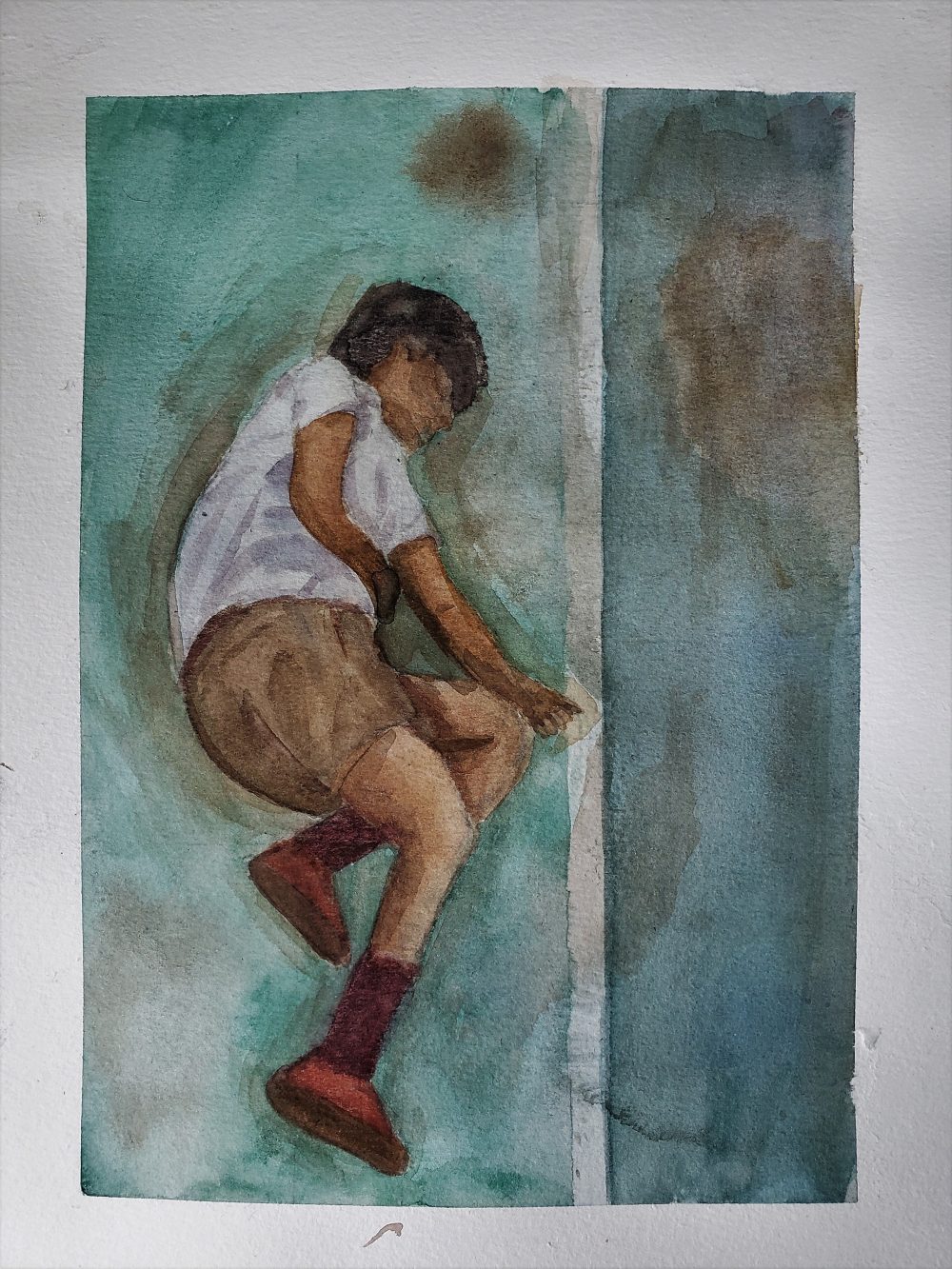 A watercolor painting of a bird's-eye view of a young man laying on his side clutching his stomach on a dirty green tennis court.