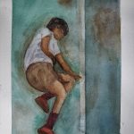 A watercolor painting of a bird's-eye view of a young man laying on his side clutching his stomach on a dirty green tennis court.