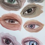 A watercolor painting of seven eyes of different colors shapes, skin tones and colors.