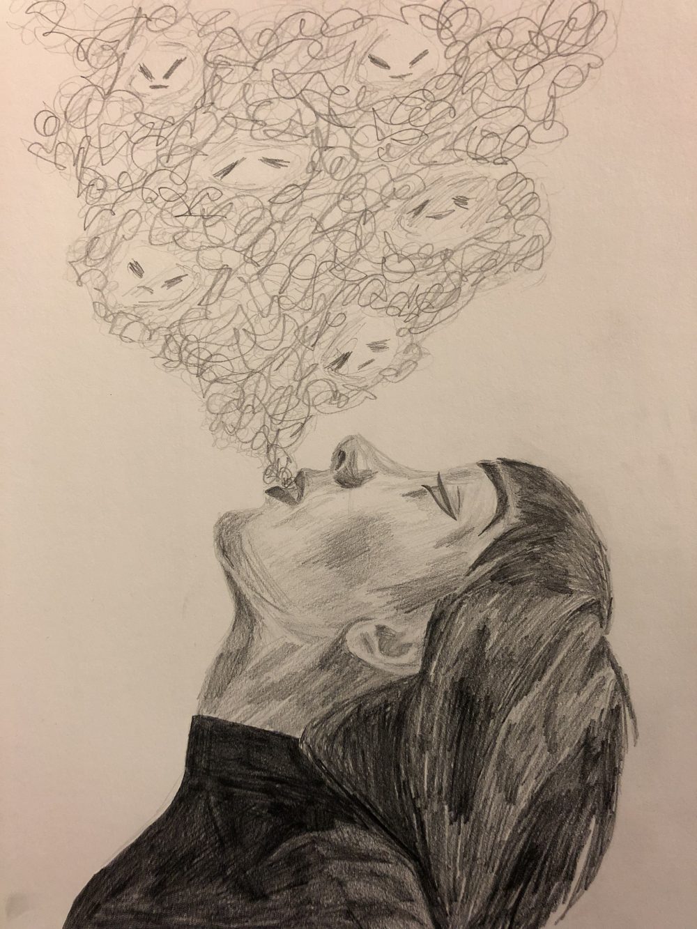 A drawing of a young woman, looking up and exhaling a cloud that looks jumbled and filled with many simplistic faces.