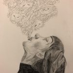 A drawing of a young woman, looking up and exhaling a cloud that looks jumbled and filled with many simplistic faces.