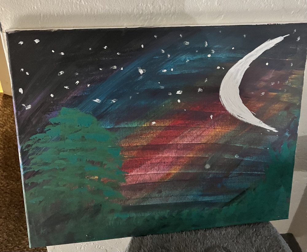 Painting of night sky with green tree in the foreground.