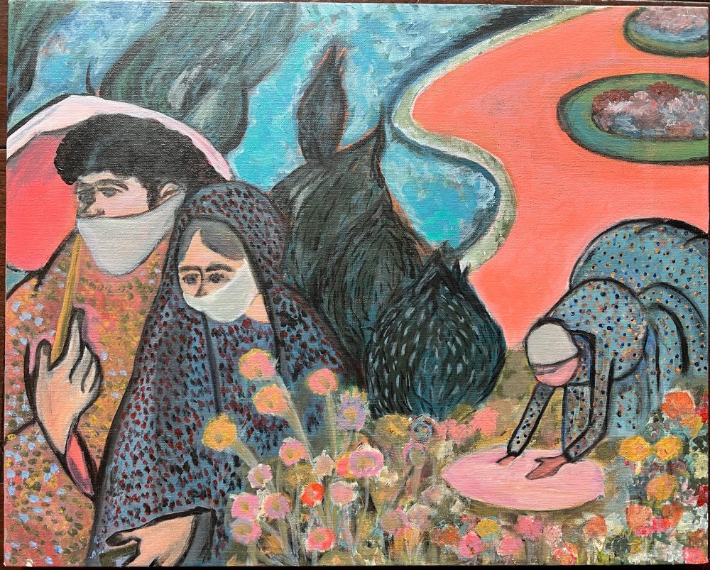 Painting of a couple wearing face masks in a garden.