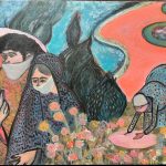 Painting of a couple wearing face masks in a garden.