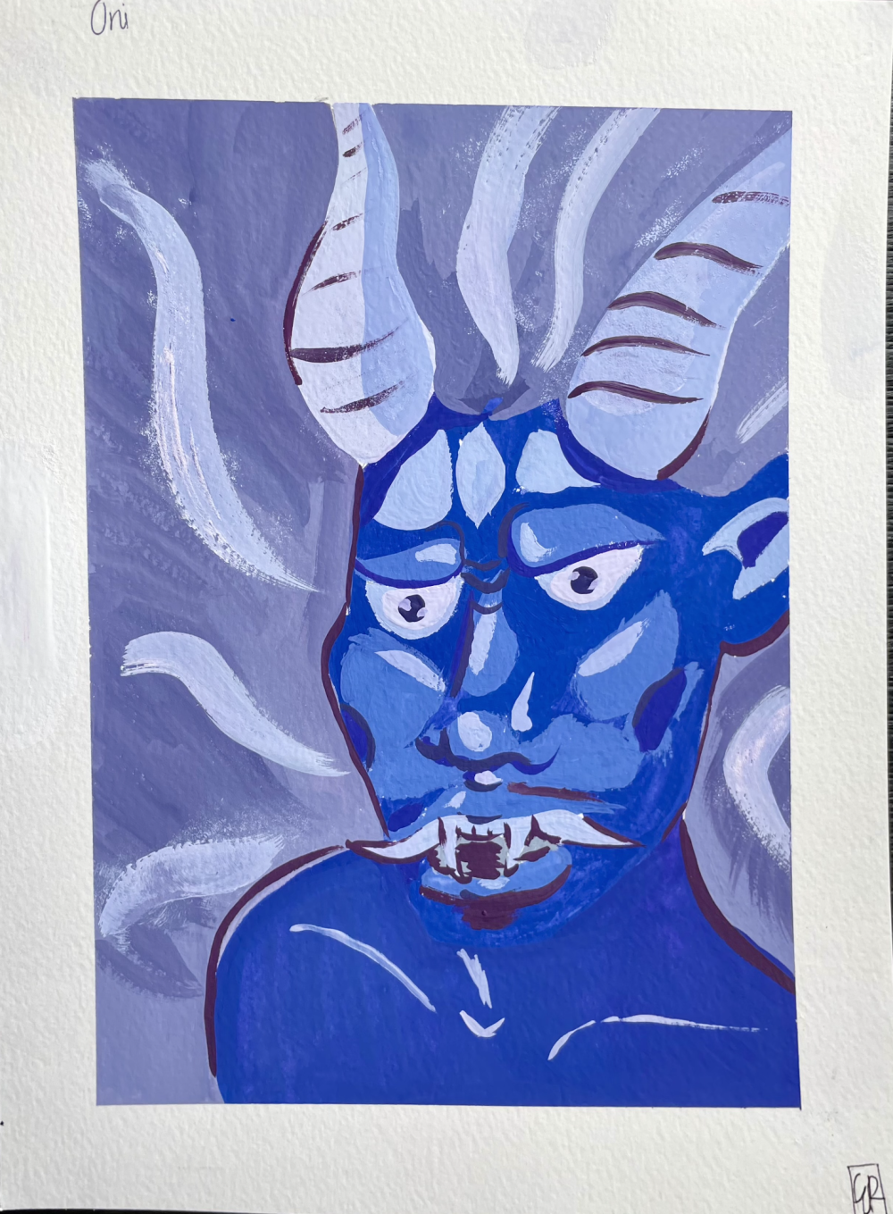 A painting in monochromatic values, consisting of violets, blues and lavenders. The colors layer to show a depiction of a mythical beast known as an “Oni”, often in Japanese folklore.
