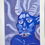 A painting in monochromatic values, consisting of violets, blues and lavenders. The colors layer to show a depiction of a mythical beast known as an “Oni”, often in Japanese folklore.