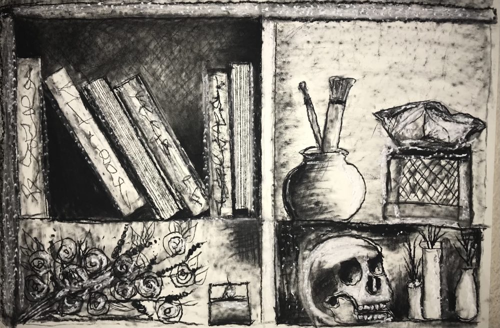 A charcoal drawing of a bookshelf with four different sections that include books, tissue box and a vase, flowers and a candle, a skull and small vases.