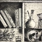 A charcoal drawing of a bookshelf with four different sections that include books, tissue box and a vase, flowers and a candle, a skull and small vases.