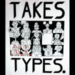 Eleven unique faces in a grid with the text , "Takes All Types" at the top and bottom of the page.