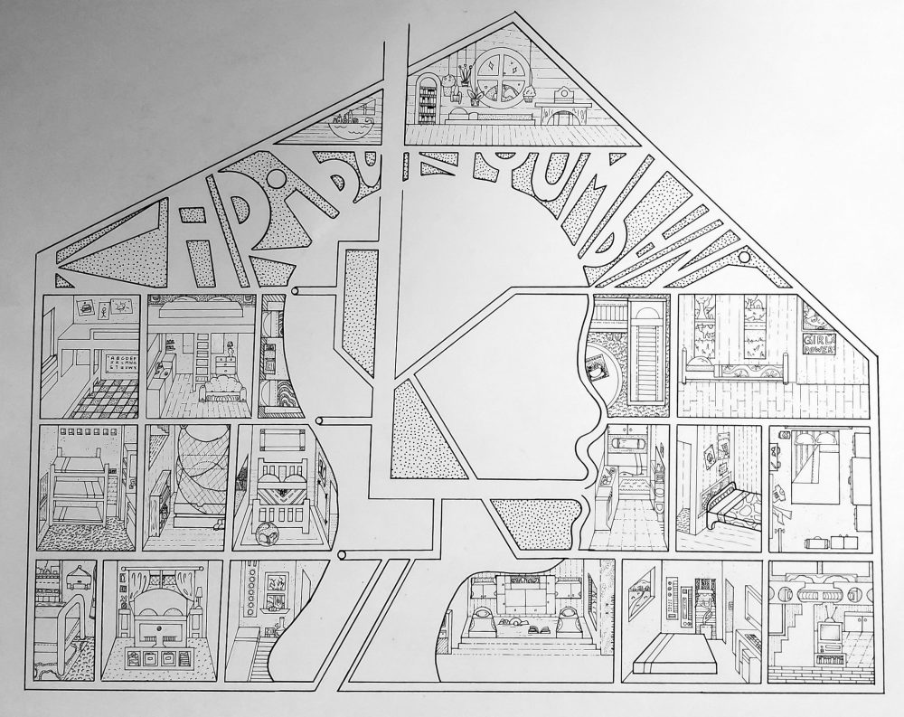 A grid of 18 little bedrooms held within the shape of a large house. Black ink on white paper.