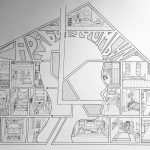 A grid of 18 little bedrooms held within the shape of a large house. Black ink on white paper.