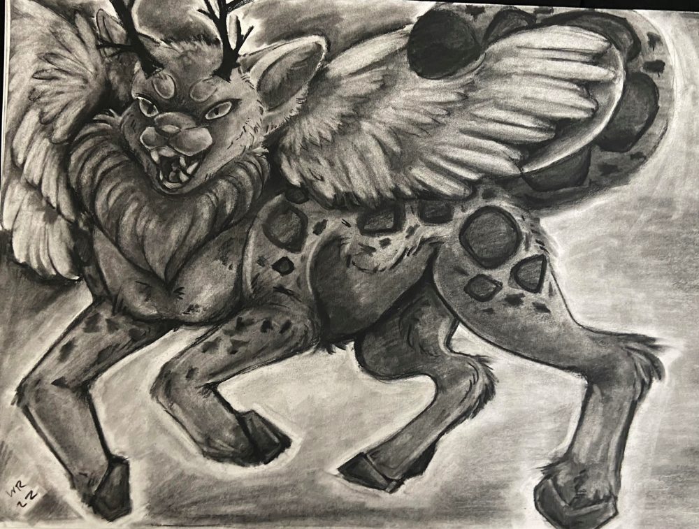 Black and white charcoal drawing of a chimera made of a mix of leopard, deer, and owl.