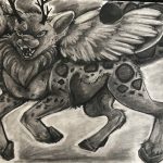 Black and white charcoal drawing of a chimera made of a mix of leopard, deer, and owl.