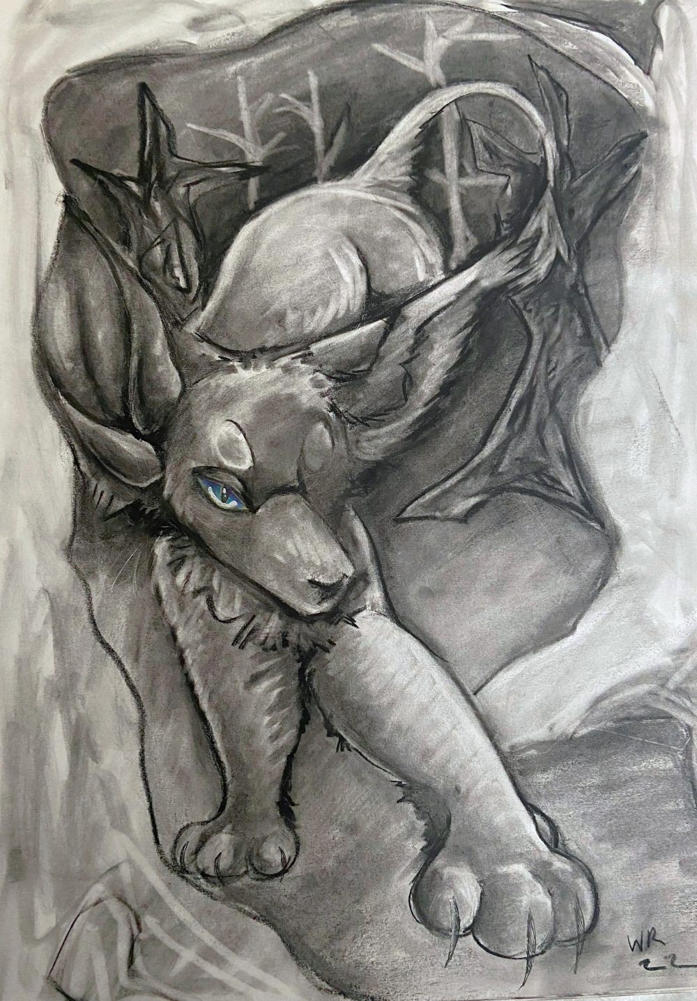 Black and white drawing on paper of a forest with a fox like creature with a lion like tail showing perspective.