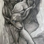 Black and white drawing on paper of a forest with a fox like creature with a lion like tail showing perspective.