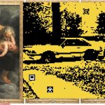 A rendition of Saturn eating his Son by Peter Brughel appears on the left of the screen; the right is entirely yellow and black, a pixelized image of a man washing a car appears as the background while a stick figure stands in front of a polaroid waiting to be picked up.