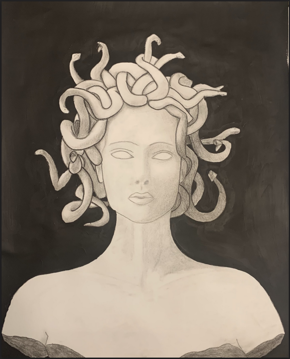 A drawing in black and white with subtle gradations of a Medusa head statue.