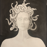 A drawing in black and white with subtle gradations of a Medusa head statue.