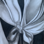 A drawing in black and white of cloth draping downward and tied into a knot in the middle of the page.