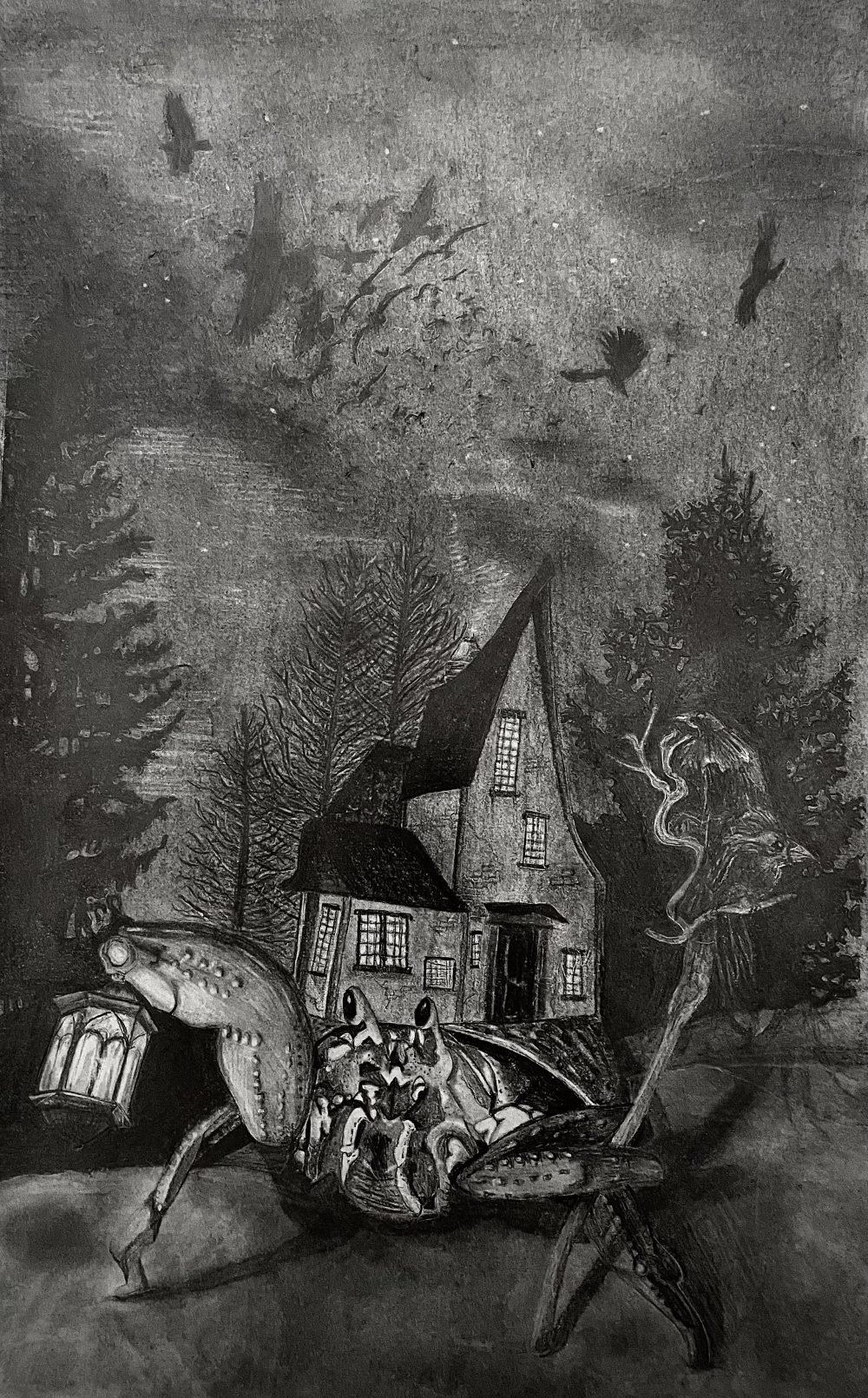 This is an image of a hermit crab with a house for a shell, in a forest at night, holding a lantern in one claw and a staff with two ravens roosting on the top in the other.