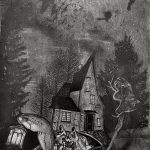 This is an image of a hermit crab with a house for a shell, in a forest at night, holding a lantern in one claw and a staff with two ravens roosting on the top in the other.