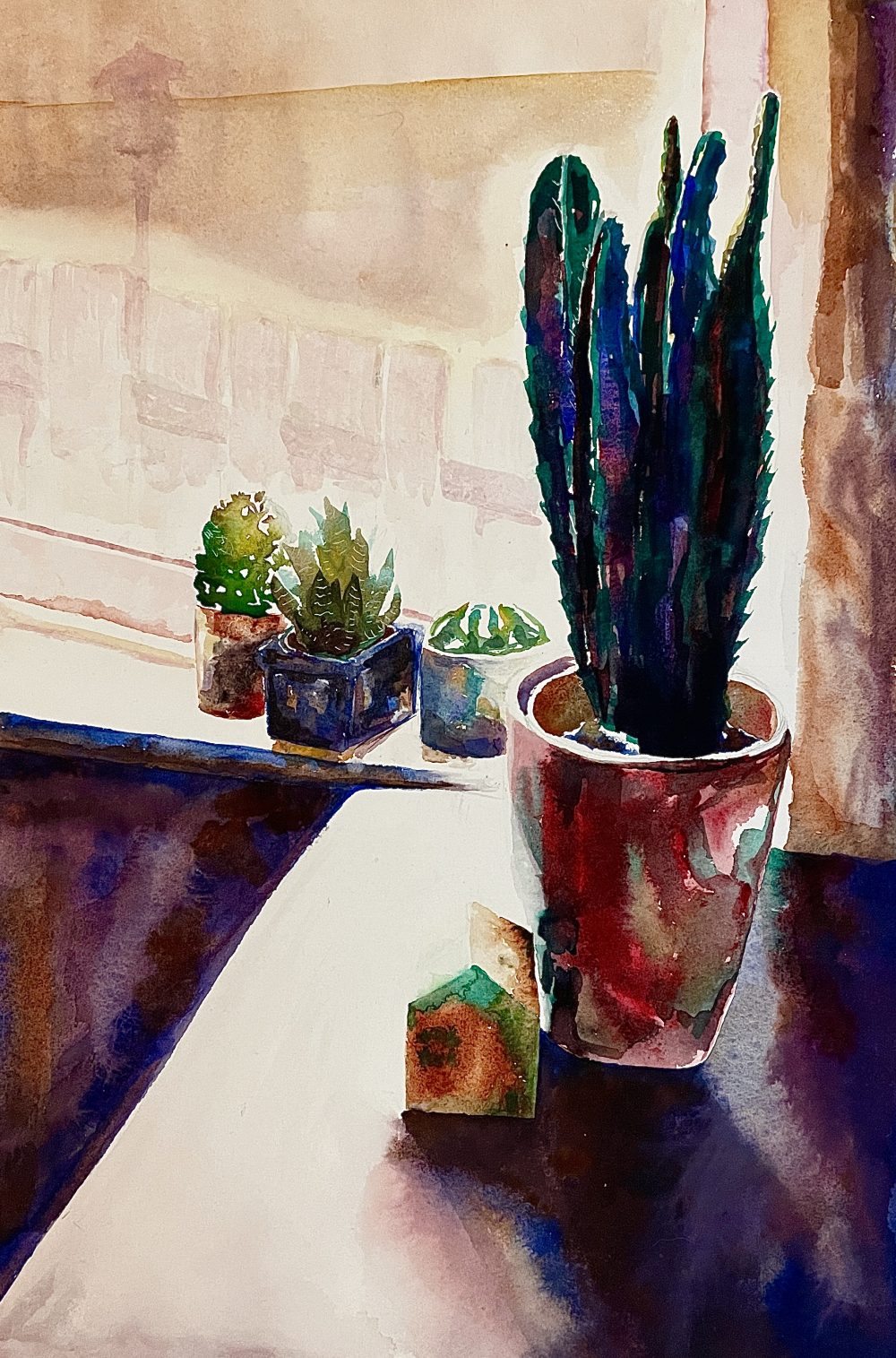 This is a watercolor image of some succulents, a cactus, and a small house figure in a windowsill, dramatically backlit by the incoming daylight.