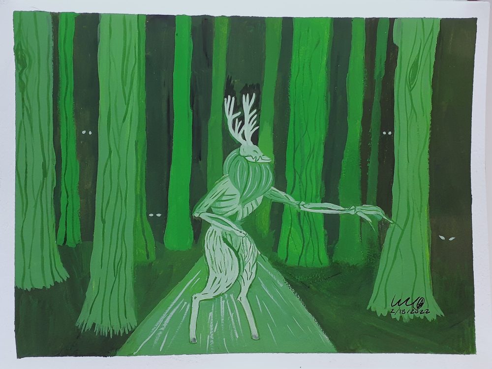 A painting of the wendigo in the forest, walking across a path and creatures in the shadows staring back at you.
