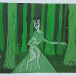 A painting of the wendigo in the forest, walking across a path and creatures in the shadows staring back at you.