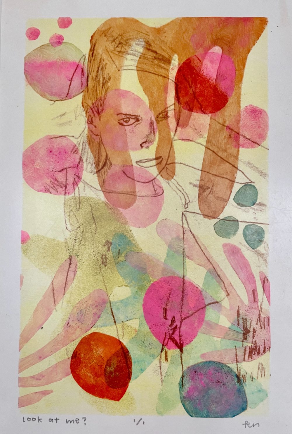 A print with various geometric shapes in bright colors like pink, orange and blue with a monotype drawing of a woman in a dark brown ink, staring at the viewer.