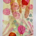 A print with various geometric shapes in bright colors like pink, orange and blue with a monotype drawing of a woman in a dark brown ink, staring at the viewer.