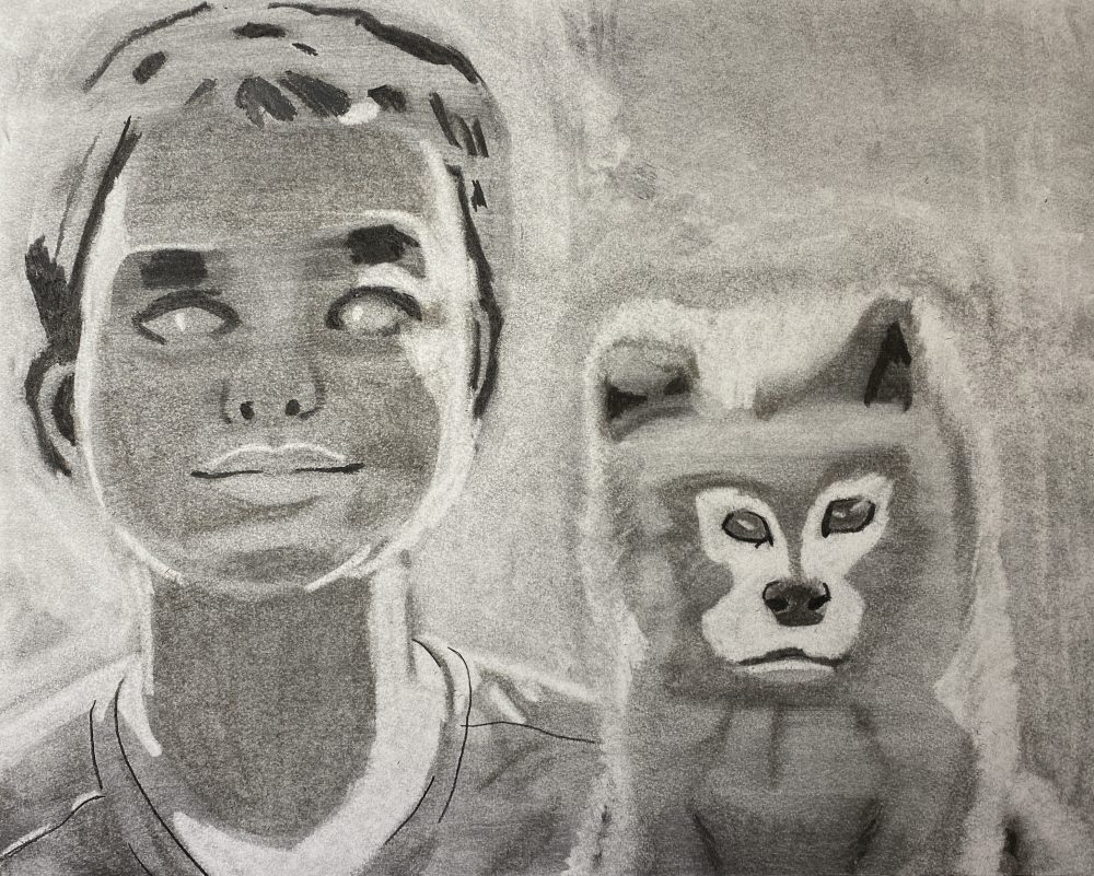 A young boy next to a small dog. The piece was made with charcoal rubbing.