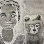 A young boy next to a small dog. The piece was made with charcoal rubbing.