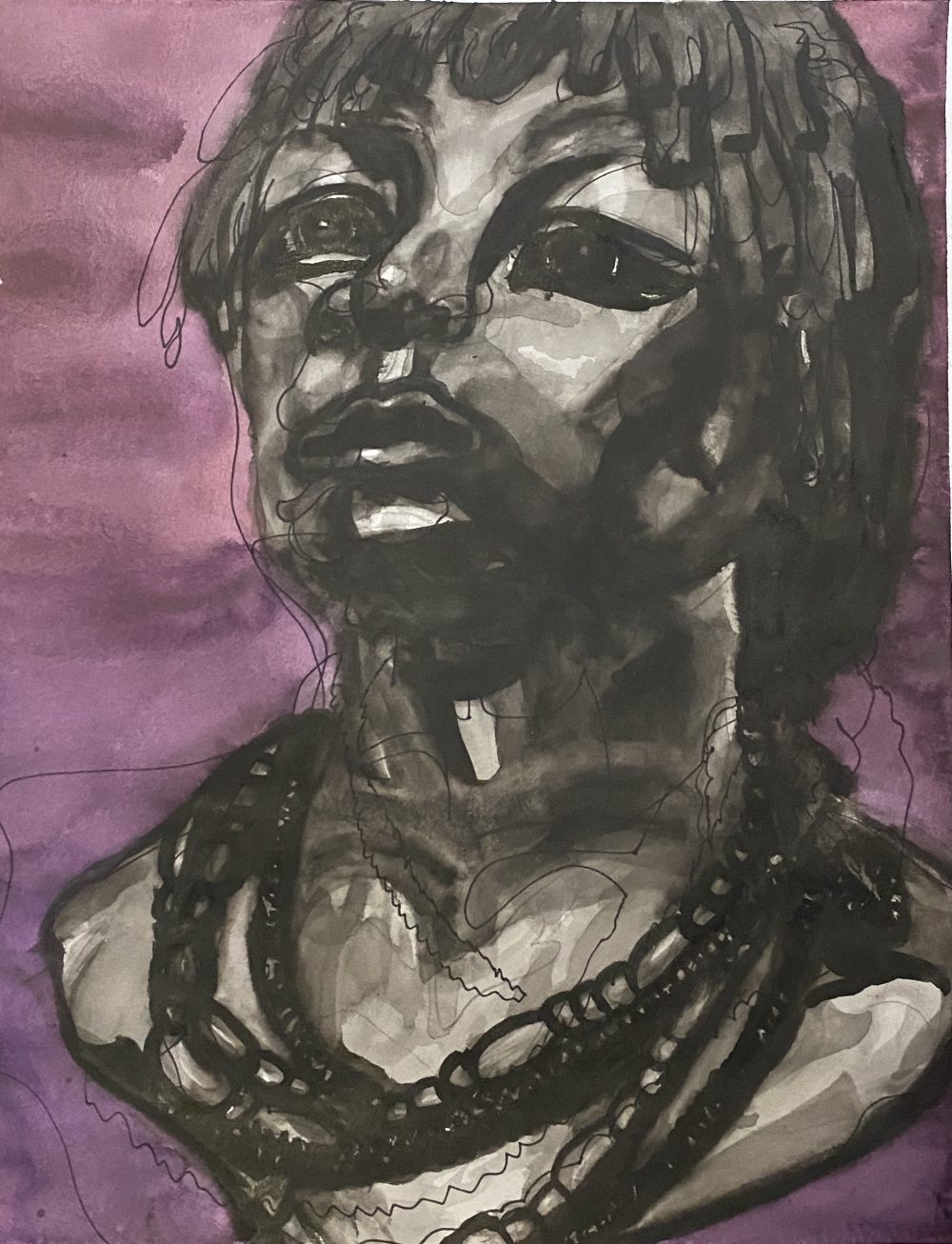 Ink picture of a bust of a woman wearing beads.