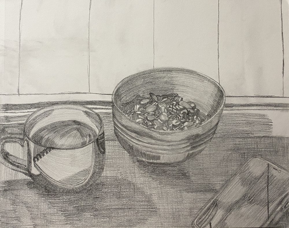 A mug, a bowl, and a phone. Draw with hatching and cross hatching.