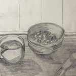A mug, a bowl, and a phone. Draw with hatching and cross hatching.