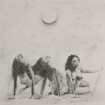 A black and white drawing of three female figures sitting and turning over with a circular shape above the middle figure.