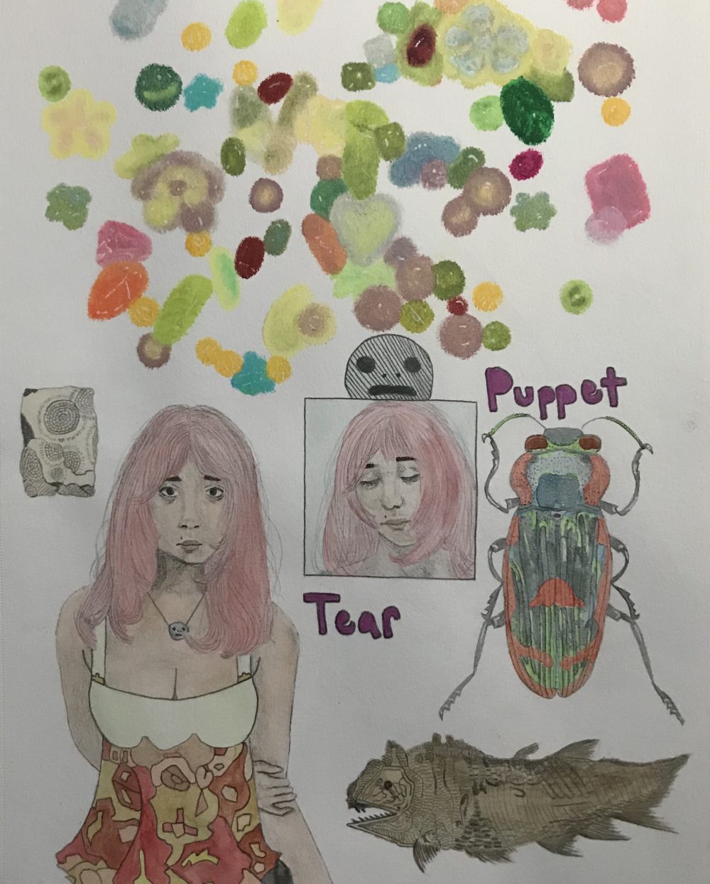 Scattered colorful gems take up the first third of the page, below them is a woman with a concerned look, the words "Puppet" and "Tear", a large colorful beetle, and a fossilized fish.