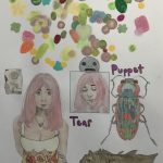 Scattered colorful gems take up the first third of the page, below them is a woman with a concerned look, the words "Puppet" and "Tear", a large colorful beetle, and a fossilized fish.