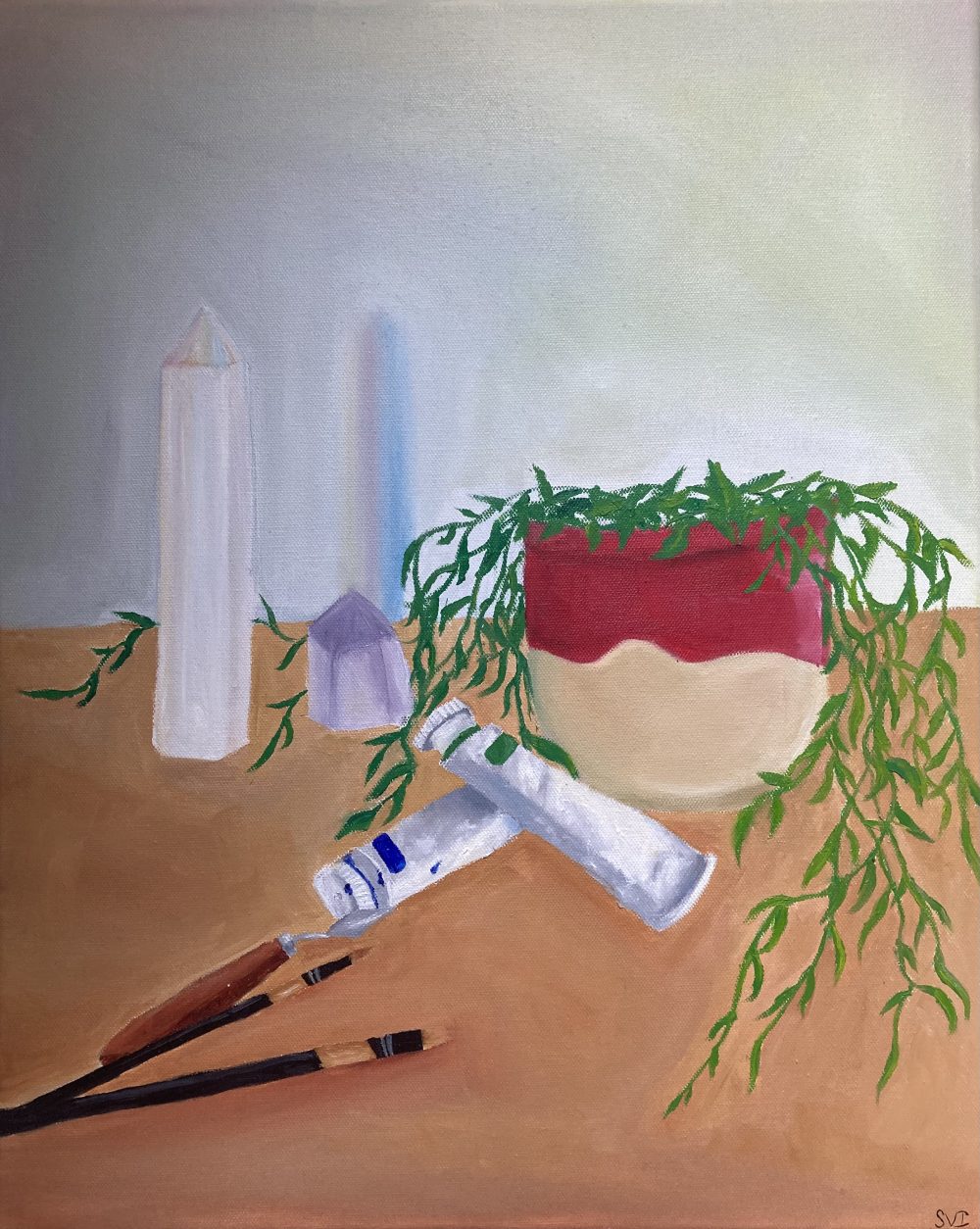 A still life oil painting of a potted vine plant, two crystal prisms, tubes of paint, and painting tools sitting on a table.
