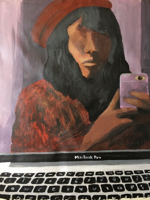 Painting is of a non binary individual using their computer screen as a mirror. They have long black hair and are wearing a red beret and a multicolored (red, green, yellow) sweater. In their hand is the phone they used to take a photo of themself in the reflection of the computer screen. Their eyes are not on their face, but one is subtly positioned on the lens of the phone camera. The photo includes the screen and part of the keyboard of their computer.