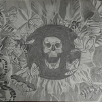 A charcoal drawing of a skull screaming insects inside a human iris.