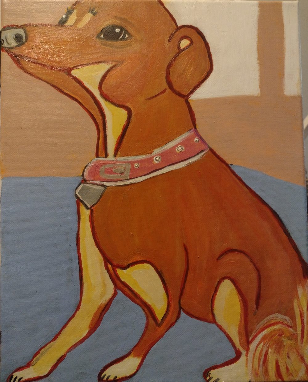 This image is of a small dog, and a distant background. Having the dog take most of the canvas space, declares he is in charge of the house.
