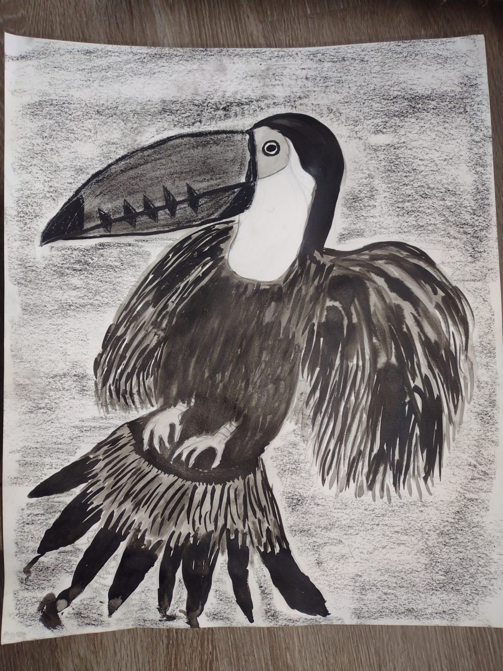 Charcoal background and an elevated Toucan ready to fly away.