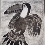 Charcoal background and an elevated Toucan ready to fly away.
