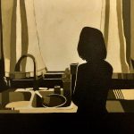A painting of the backside of a dark figure in the foreground looking out a bright kitchen window in the background. The light is coming through the translucent curtains around the window. There is a kitchen sink filled with dishes. The dishes and counter reflect the bright natural light. The shadows are pure black while the light is shades of white, gray, and yellow.