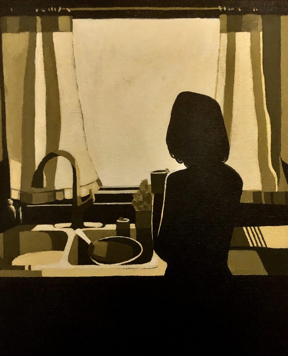 A painting of the backside of a dark figure in the foreground looking out a bright kitchen window in the background. The light is coming through the translucent curtains around the window. There is a kitchen sink filled with dishes. The dishes and counter reflect the bright natural light. The shadows are pure black while the light is shades of white, gray, and yellow.